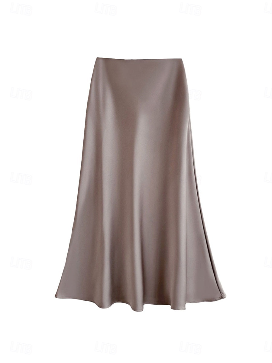 Per donna Gonne in raso Elegante Vintage Moda Casual Midi Vita Alta Gonne Semplice Arricciato Patchwork Inelastico Quotidiano Ufficio / Carriera Grigio verde Vinaccia Aalbicocca Nero Estate del 2026 a $31.99 –P11