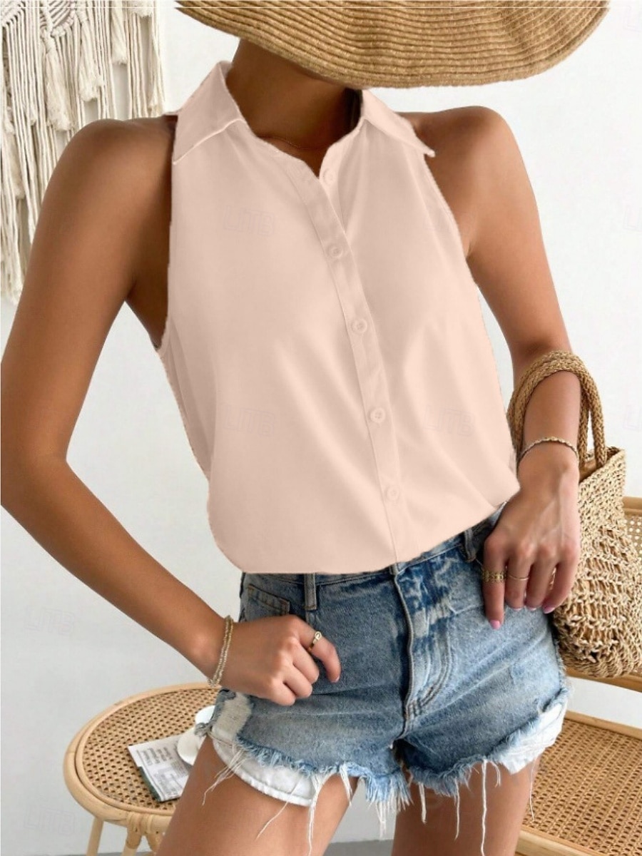 Dames Satijnen overhemd Kampshirt Met ruches Effen Kleur Elegant Stijlvol Casual Mouwloos Overhemdkraag Normale tops Dagelijks Zwart Wit Paars Oranje Beige Zomer Lente 2026 - $22.99 –P5