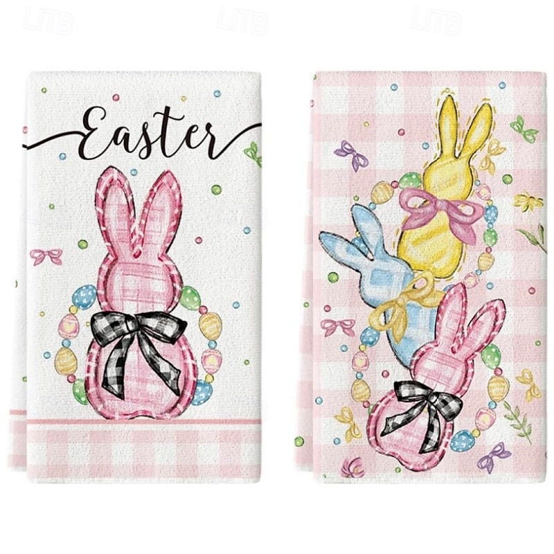 2 stk. kjøkkenhåndklær med påskehare-trykk, vaskbare vårhåndklær med påskehare &eggmønstre, moderne gårdshus rektangulære oppvaskkluter egnet for vårsesongdekorasjonsgave 2026 - $9.99 –P12