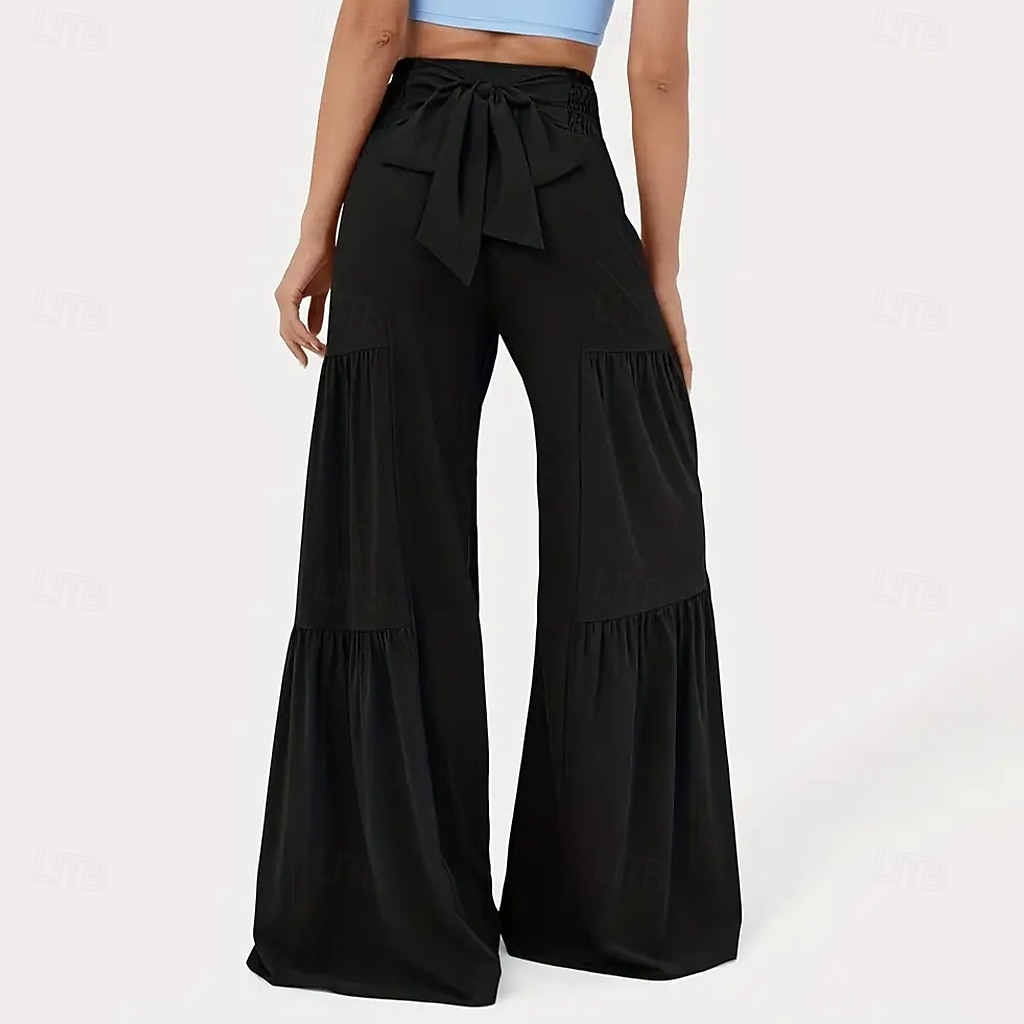 Dame Bukser Sommerbukser Strandbukser Ferie Mote Fritid hverdag Full lengde Middels midje Helfarge عادي Snorer Lapper Bred Bukseben Komfort Hurtigtørkende Myk Uelastisk Gateklær Strand Ferie Svart 2026 - $32.99 –P9