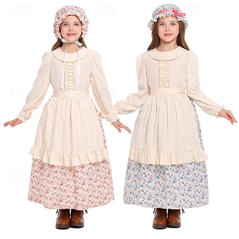 250º Aniversario de EE. UU. Siglo 19 década de 1800 Vestido de la pradera Conjunto de gorro y delantal Larga Chica pionera Colonial Pionero Guerra Revolucionaria Estampado Floral Disfraz Chica 2026 - $39.99 –P3