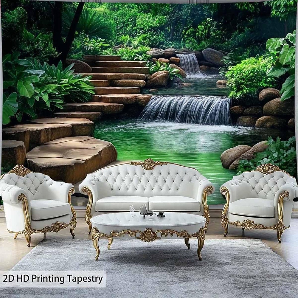 Aesthetic Zen Jungle Cave Tapestry 3D Waterfall Forest Sunlight Wall Decor Serene Nature Landscape Hanging for Yoga Studio Meditation Room 2026 - $20.99 –P4