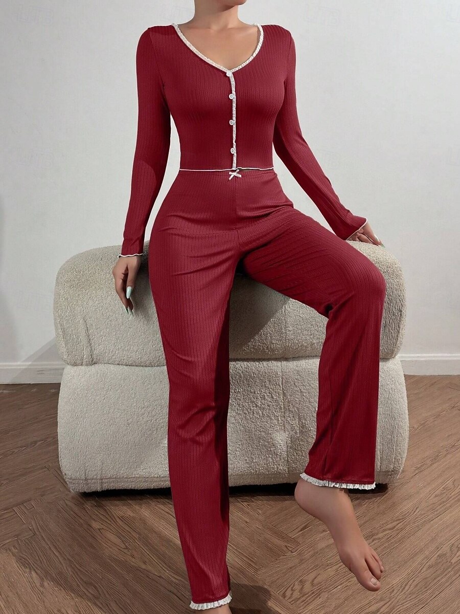 Mulheres Conjunto de Pijama Casual Conforto Cor imaculada Renda Cintura elástica Calça Diário Casa Manga Longa Decote V Azul Preto Rosa Vermelho Cáqui Verão Primavera Outono Normal de 2026 por $19.99 –P19