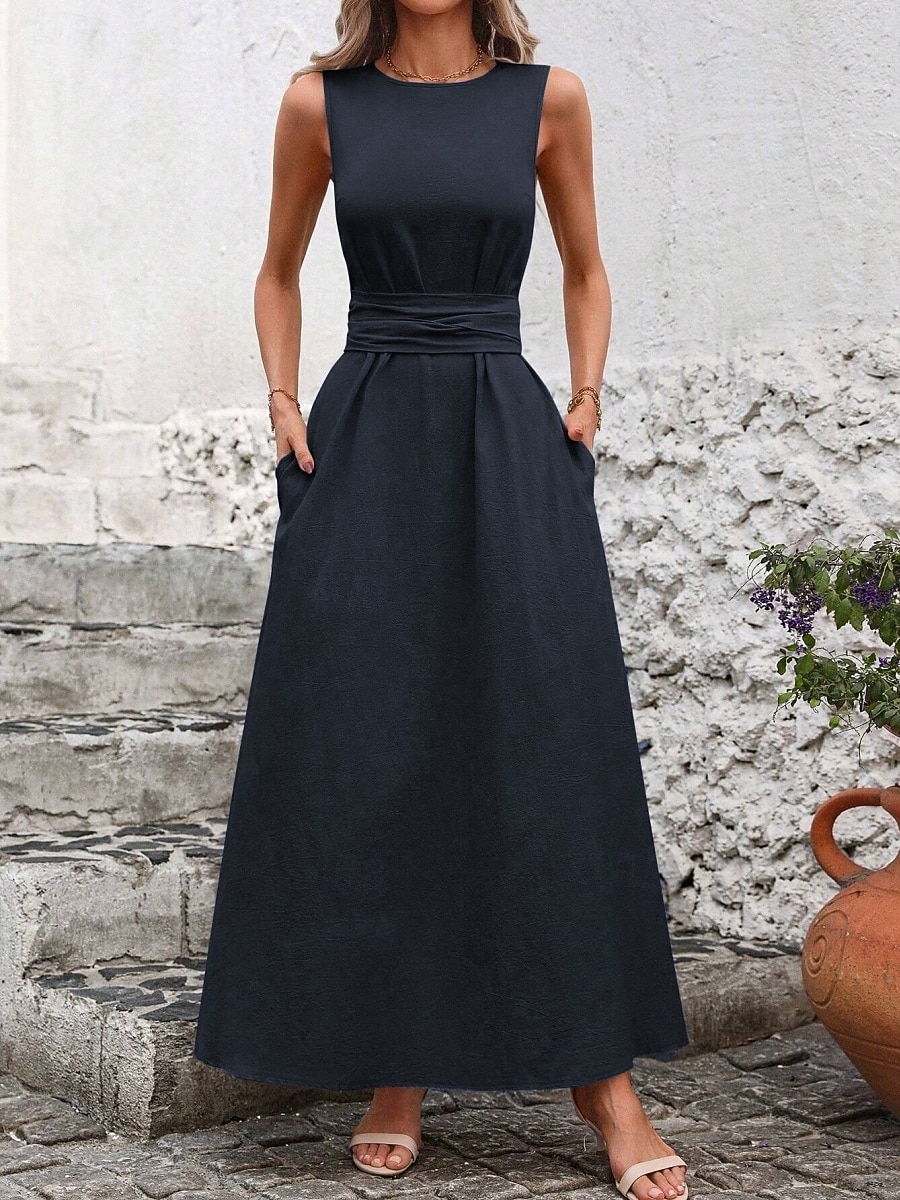 Damskie Sukienka maxi Sukienka A line Urlop Codzienny Na zewnątrz Wyjściowe Luźny / a Jednokolorowe Bez rękawów Wycięcie pod szyją Granatowy Czarny Czerwony Zielony Lato Wiosna 2026 - $31.99 –P17