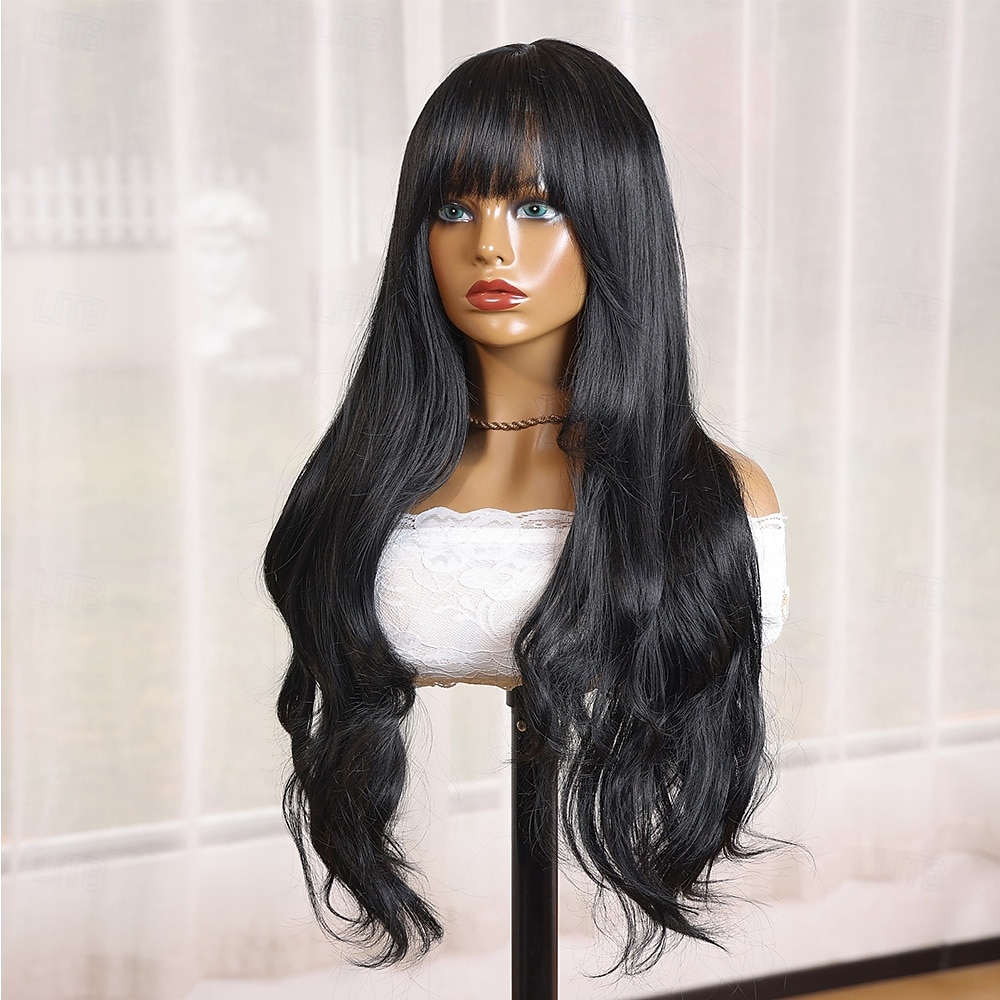 Synthetic Wig Curly Wavy Neat Bang Machine Made Wig 28 inch Natural Black #1B Synthetic Hair 28 inch Women's Black 2026 - $41.99 –P3