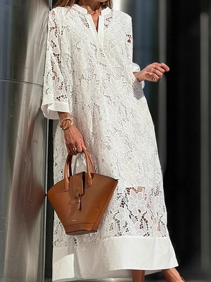 Dames Maxi-jurk Kanten jurk Witte jurk Modieus Modern Buiten Strand Vakantie Ruim Passend Effen Lange mouw V-hals Wit Zomer Lente 2026 - $41.99 –P1