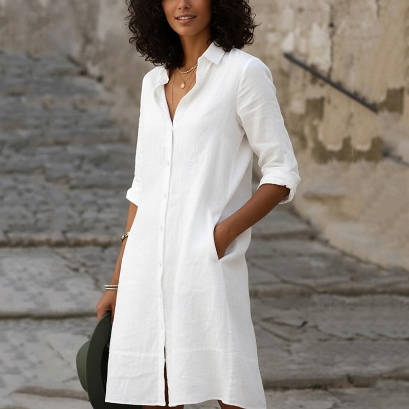 Women's Mini Dress Cotton Linen Dresses Shirt Dress Modern Outdoor Vacation Going out Regular Fit Plain Half Sleeve Shirt Collar Black White Light Blue Summer Spring 2026 - $24.99 –P5