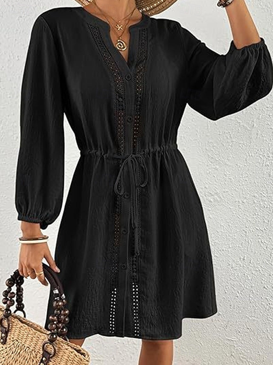 Mujer Vestido hasta la Rodilla Vestido blanco vestido de playa Vestido negro Tapadera Elegante Moda Clásico Manga de la linterna Diario Exterior Playa Holgado Plano Manga Larga Escote Chino Negro 2026 - $32.99 –P5