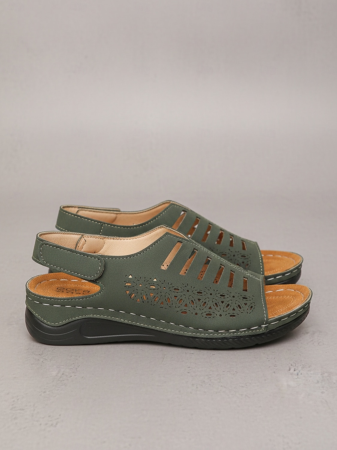Women's Green Cut-Out Wedge Sandals – Breathable Faux Leather Upper, Supportive Heel Design for Walking, Outdoor Activities, Travel and Everyday Use 2026 - $19.99 –P1