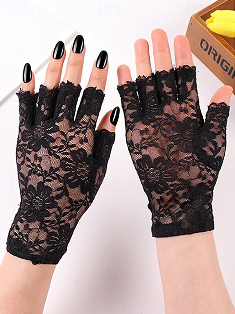Luvas femininas sem dedos com renda, em poliéster, diversas cores, perfeitas para casamentos e festas. de 2026 por CLP $8877 –P7