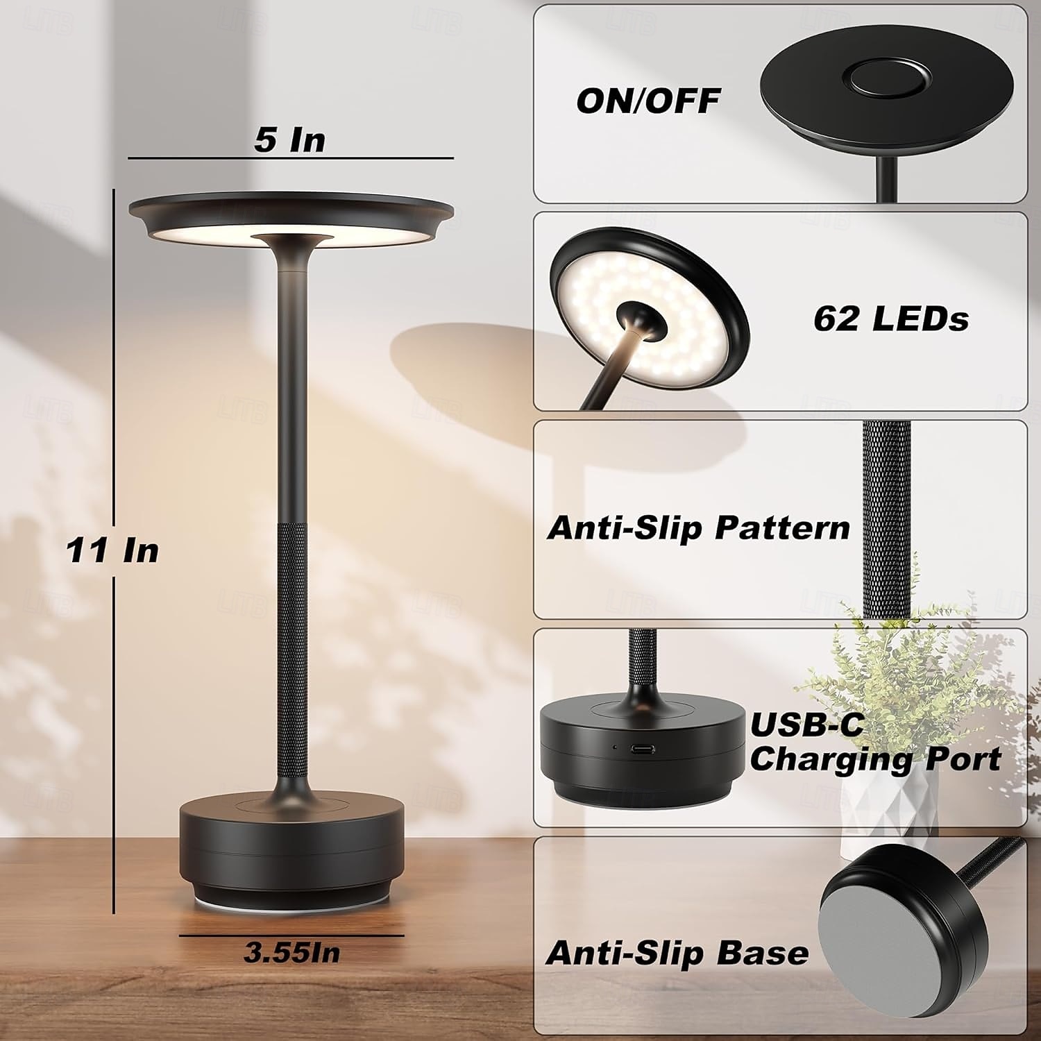 1 opakowanie bezprzewodowych lamp stołowych, ładowalnych, przenośnych lamp zasilanych baterią 5000 mAh, 3-kolorowa lampa stołowa LED z płynnym przyciemnianiem i funkcją pamięci, do użytku na zewnątrz/w jadalni/na patio/w restauracji 2026 - $45.99 –P5