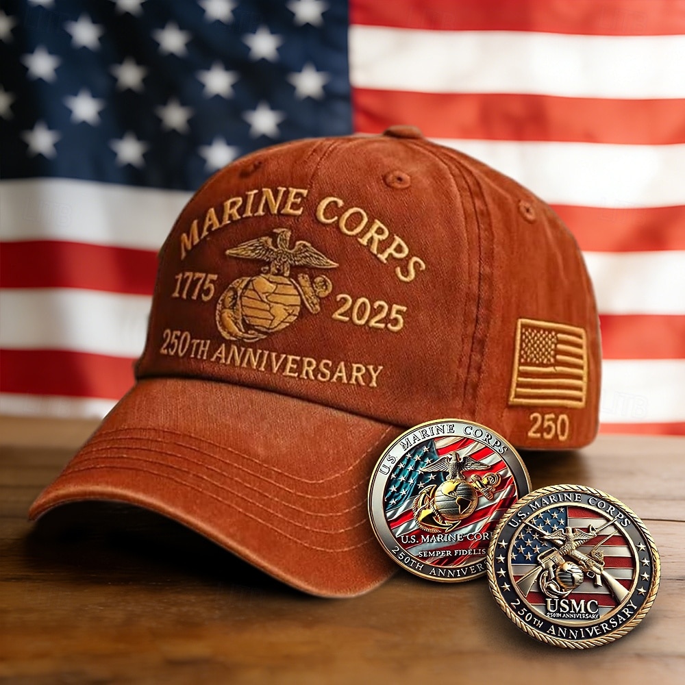 Cappellino da baseball retrò lavato in onore del 250° anniversario dei Marines degli Stati Uniti con 2 monete commemorative, cappello vintage ricamato per il 250° anniversario dei Marines degli Stati del 2026 a $31.99 –P4