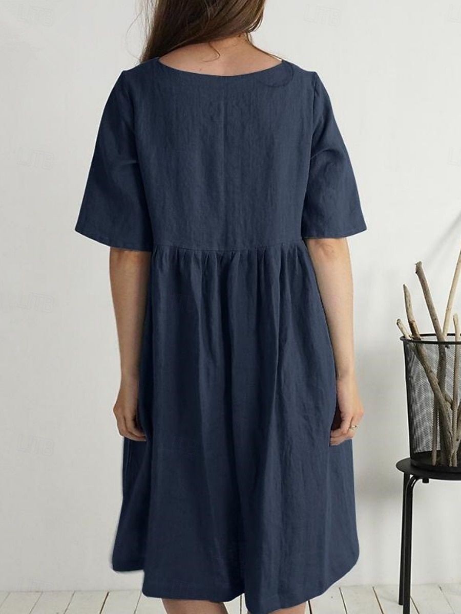 Damen Midikleid Kunstbaumwollleinen A Linie Kleid Sommerkleid Lässig Täglich Lässiger Schnitt Einfach Halbarm Einkerbiger Ausschnitt Marineblau Rosa Braun Grün Sommer Frühling 2026 - $25.99 –P2