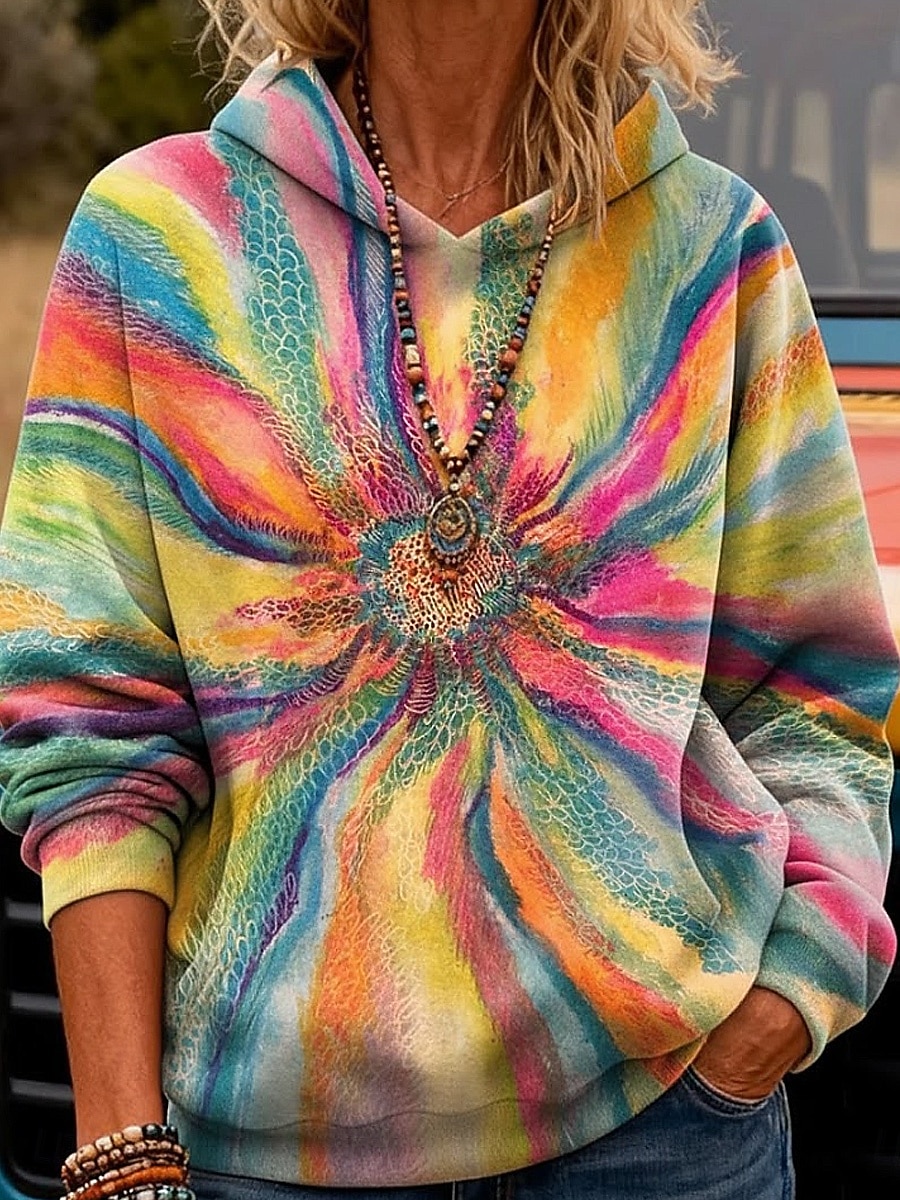Women's Pullover Hoodie Sweatshirt Patchwork Print Front Pocket Floral Graphic Casual Boho Long Sleeve Hooded Regular Tops Street Dailywear Pink Green Rainbow Spring Fall 2026 - $32.99 –P3