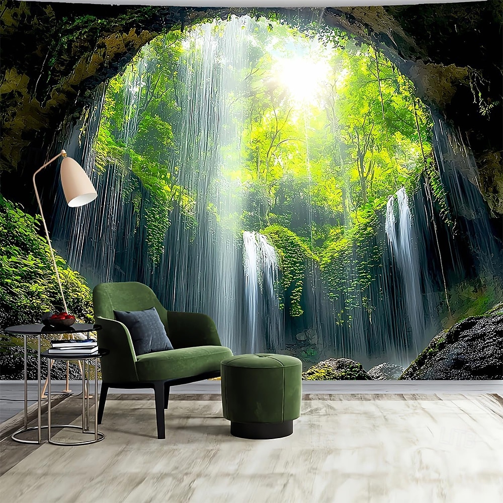 Aesthetic Zen Jungle Cave Tapestry 3D Waterfall Forest Sunlight Wall Decor Serene Nature Landscape Hanging for Yoga Studio Meditation Room 2026 - $20.99 –P2