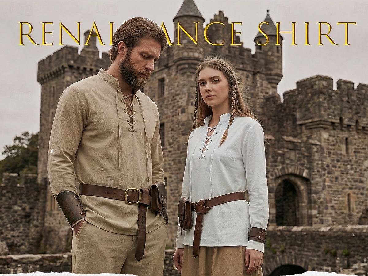 Homme Chemise Chemise en lin Style Viking Chemise popover Chemise d'été Chemise à col officier Uni Occasionnel Vacances Noir Blanche Vert Kaki manche longue Col en V Été Printemps Vêtement Tenue de 2026 ? $25.99 –P1