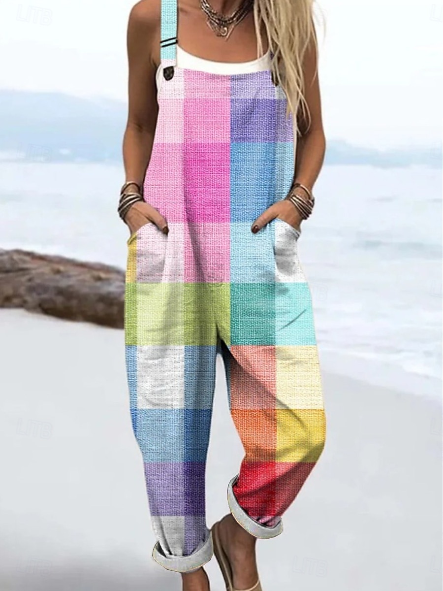 Mulheres No geral Ativo Xadrez Sem Manga Sem Mangas Decote Quadrado Bolsos Imprimir Diário Férias Ajuste Largo Roxo Laranja Verão de 2026 por $45.99 –P2