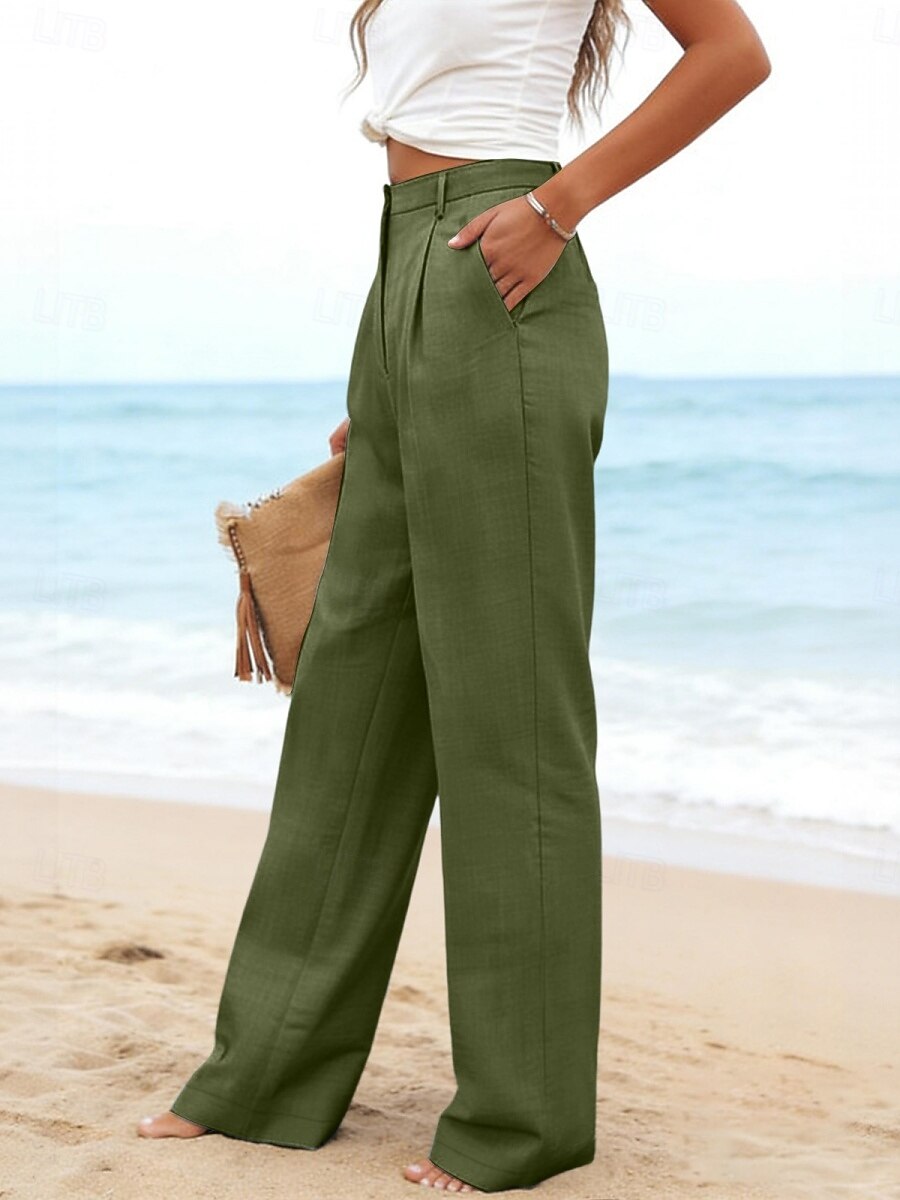 Damen Kunstbaumwollleinen Weites Bein Freizeithose Sommerhose Urlaub Streetwear Basic Volle Länge Mittlere Taillenlinie Einfach Tasche Atmungsaktivität Bequem Unelastisch Täglich Outdoor Urlaub Blau 2026 - $23.99 –P26
