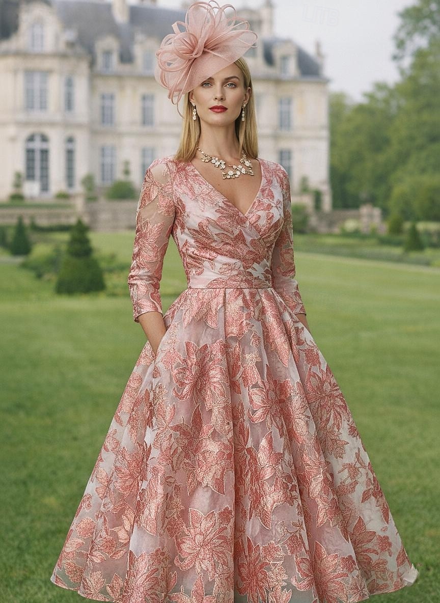 A-linje Ankellengde Festkjole Cocktail Kjole Gjestekjole til bryllup Kjole til brudens mor 3/4 ermer V-hals Elegant Årgang Formell Kentucky Derby Semi-formelt Jacquard med Plissert 2026 - $177.99 –P7