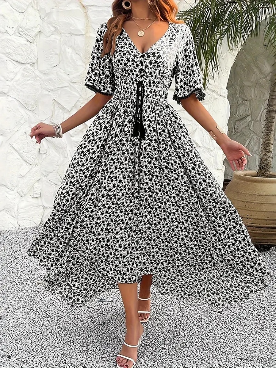 Women's Long Dress Maxi Dress A Line Dress Floral Dress Elegant Fashion Modern Daily Outdoor Vacation Regular Fit Floral Short Sleeve V Neck Blue Black Brown Summer Spring 2026 - $34.99 –P11