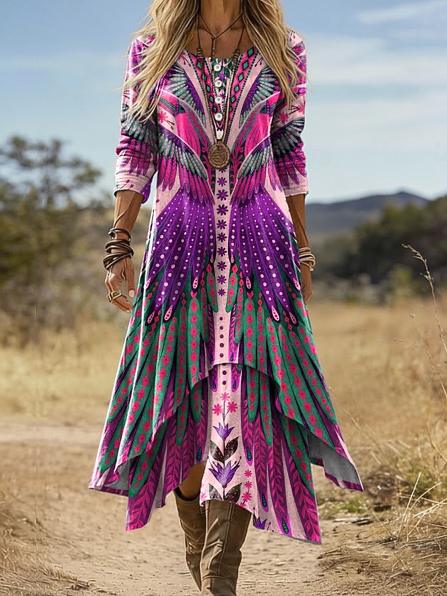 Damen Midi Kleid Boho Shift Kleid Urlaub Party Lässig Täglich Feiertag Reguläre Passform Grafisch Geometrisch Langarm Rundhals V-Ausschnitt Blau Gelb Lila Grün Sommer Frühling Herbst 2026 - $48.99 –P3