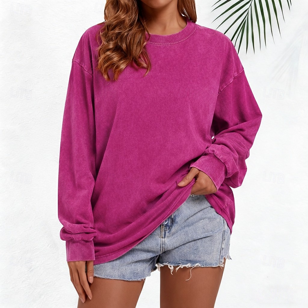 Camiseta de gran tamaño de 100% algodón para mujer tops vintage lavados estilo vintage casual de manga larga cuello redondo regulares para el día salir fin de semana negra marfil verde ejército rojo 2026 - $21.99 –P3