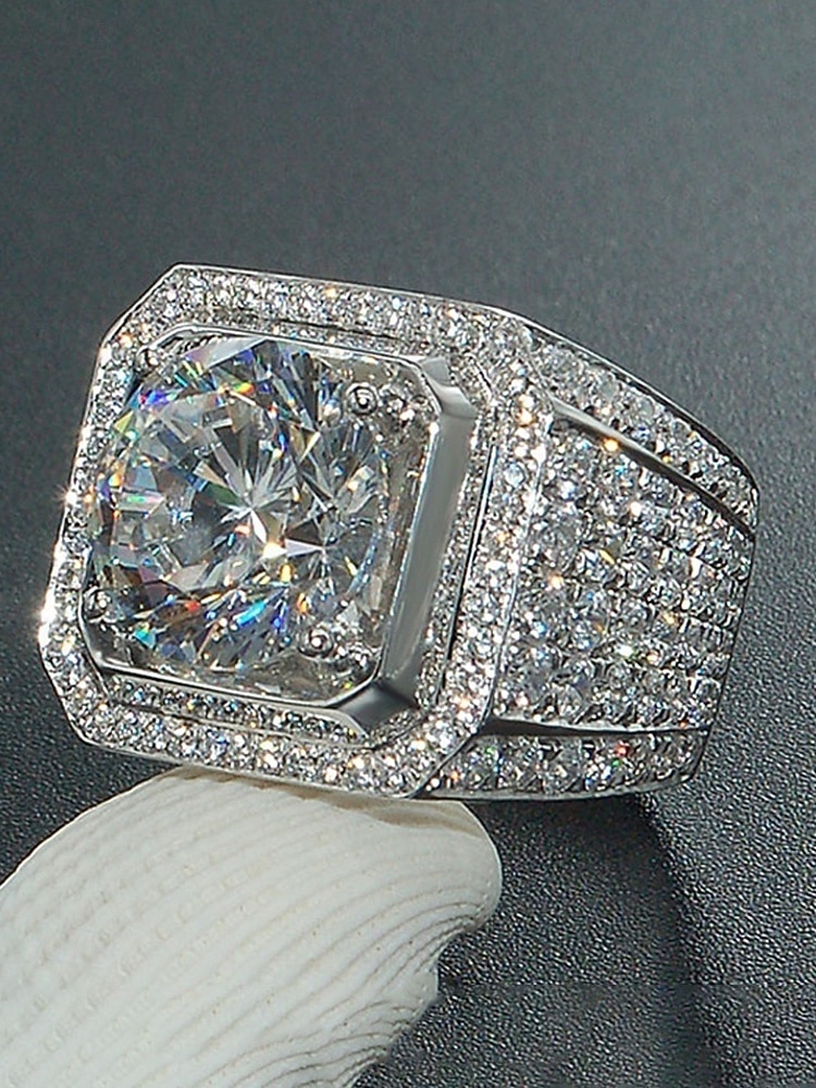 טבעת סגסוגת מצופה זהב/כסף לגברים עם זירקוניה מרובעת גדולה, משובצת ביהלומים קטנים, מושלמת ליום האהבה, חתונות ומתנות 2026 - $9.99 –P5