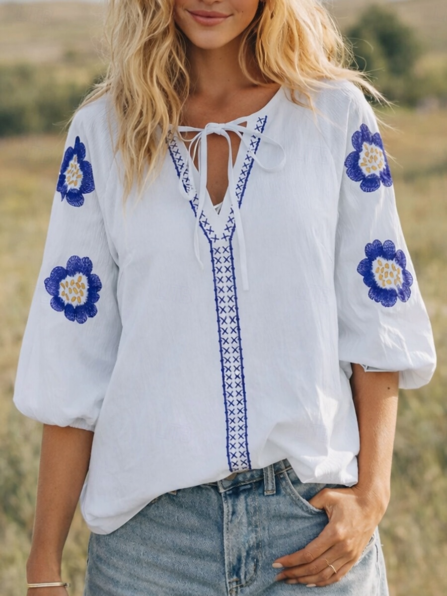 Damskie Koszula Popover Letnia koszula Codzienna koszula Bluzka Haft Kwiaty Urlop Elegancki Codzienny Rękaw 1/2 W serek Zwykłe topy Codzienny Plaża Święto Niebieski Rumiany róż Granatowy Morelowy 2026 - $28.99 –P1