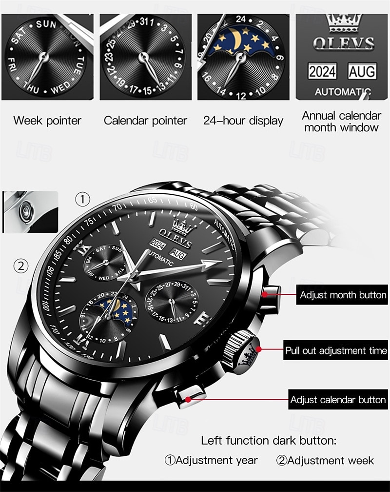 Montre homme Olevs neuve, élégante et fonctionnelle, avec affichage des phases de la lune, du calendrier, de l'heure sur 24 heures et du jour de la semaine. Montre mécanique automatique multifonctions de 2026 ? $121.99 –P3