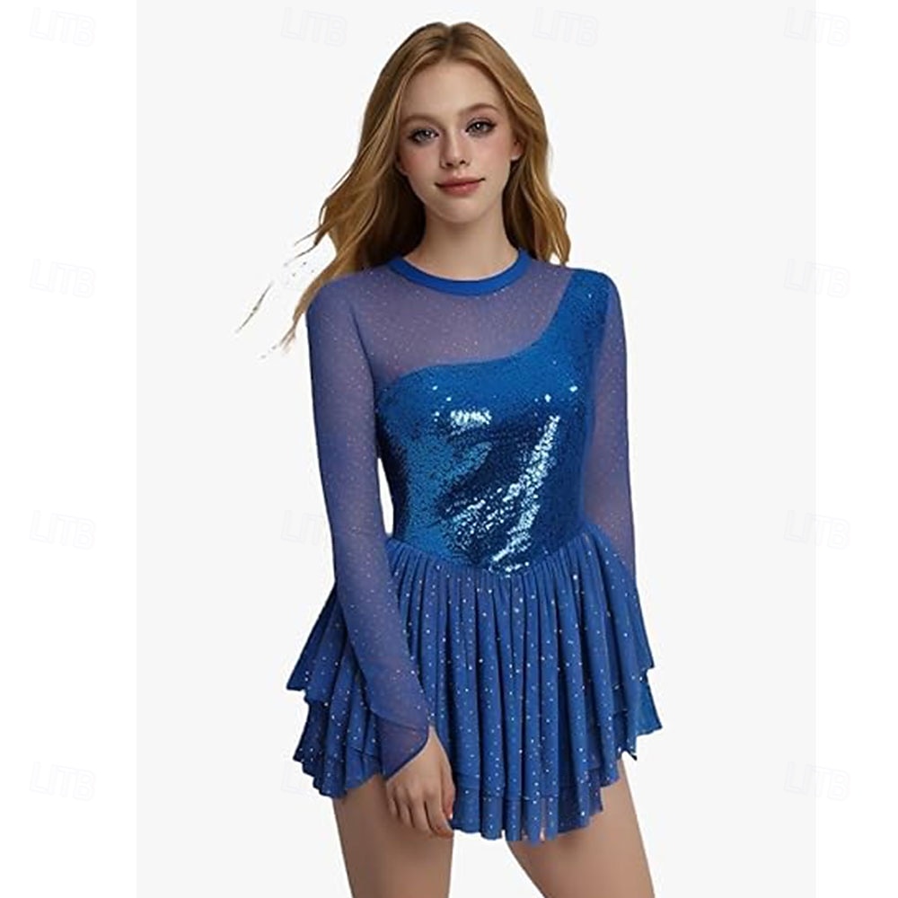 Figure Skating Dress Women's Ice Skating Dress Violet Navy Black Patchwork Thumbhole High Elasticity Training Competition Skating Wear Classic Crystal / Rhinestone Sleeveless Long Sleeve Ice Skating 2026 - $323.29 –P6