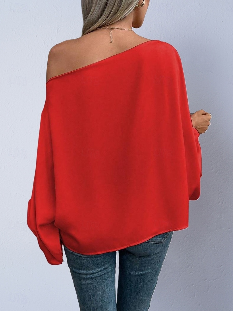 Dames Overhemd Satijnen overhemd Blouse Tops met blote schouders Effen Stijlvol Klassiek Modern Lange mouw Schouderafhangend Normale tops Dagelijks Feestdagen Uitgaan blauw Zwart Blozend Roze Rood 2026 - $27.99 –P12