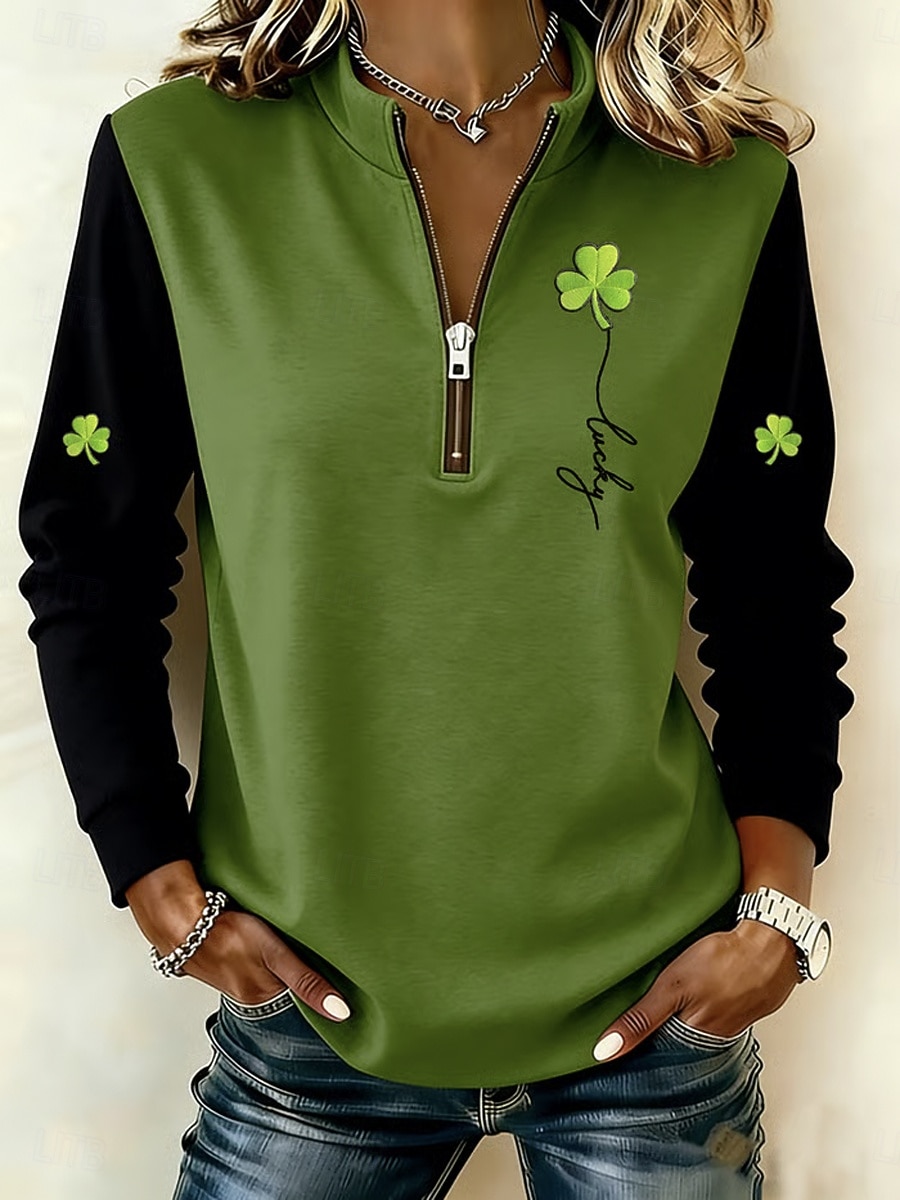 Moletom Feminino de São Patrício Pullover com Zíper Moletom Gráfico Shamrock Moda Casual Manga Longa Decote Redondo Zíper Metade Tops Regulares Roupas de Rua Diárias Estampado Verde Outono Inverno de 2026 por $27.99 –P1