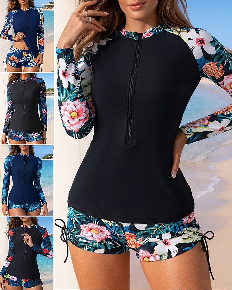 Mujer Camiseta Protección Solar Surf Traje de baño 2 Piezas Tropical Boyleg Protección UV Secado rápido Elástico Manga Larga Bañadores Traje de baño Surf Playa Natación Verano 2026 - $30.99 –P1