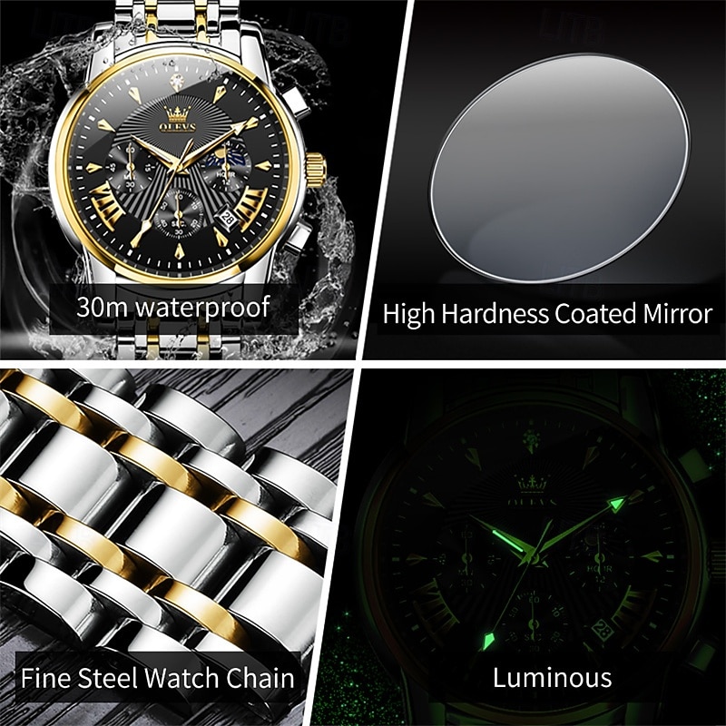 Nuovo orologio da uomo business del marchio olevs con calendario luminoso, fasi lunari, cronometro, orologio al quarzo multifunzionale e alla moda, orologio da polso da uomo casual, resistente del 2026 a $39.99 –P9