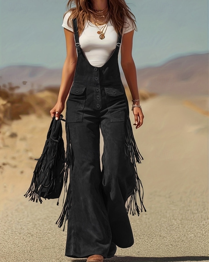 Жен. Брюки карго Широкие Биб Колготки Комбинезон Мода Уличный стиль На каждый день Полная длина Завышенная Полотняное плетение С кисточками Карман удобный Неэластичная 2026 - $61.99 –P8