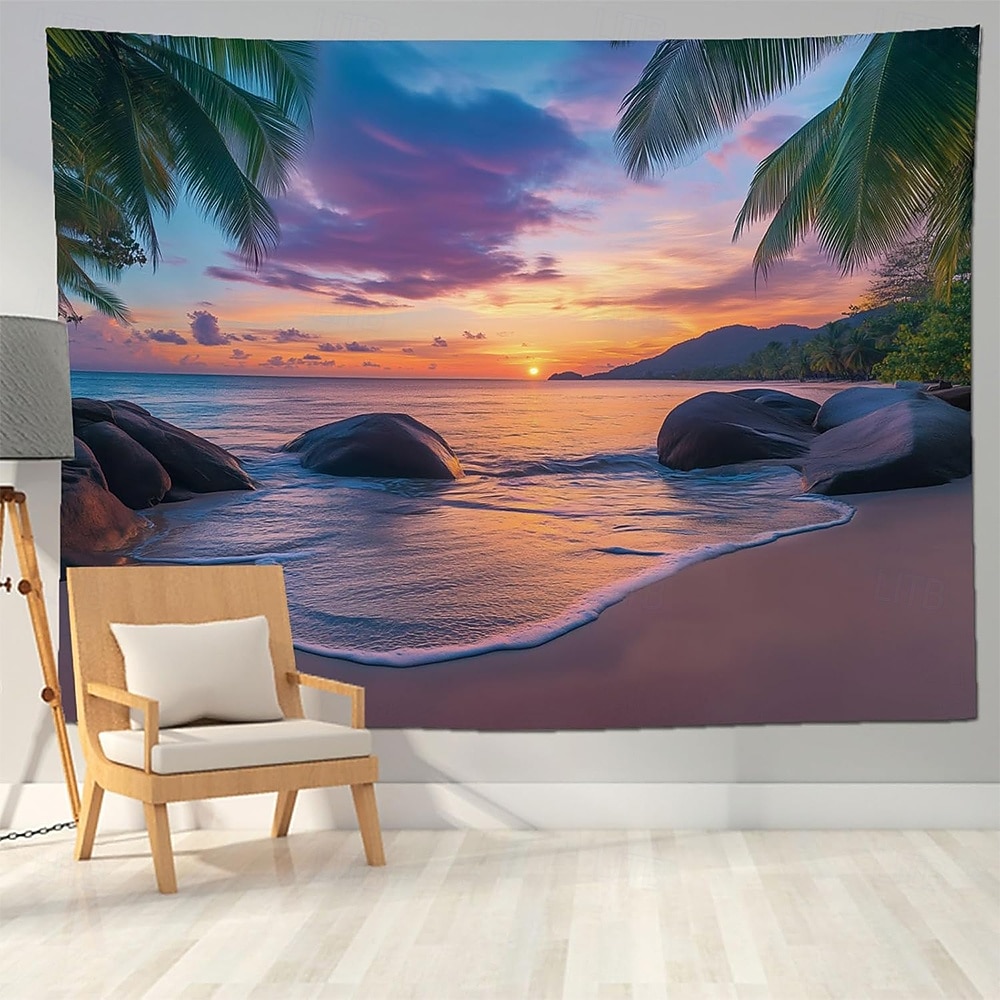 Arazzo da parete con tramonto sulla spiaggia tropicale, paesaggio marino con palme e rocce, decorazione murale naturale per camera da letto, sala yoga, spazio per la meditazione del 2026 a $20.99 –P3