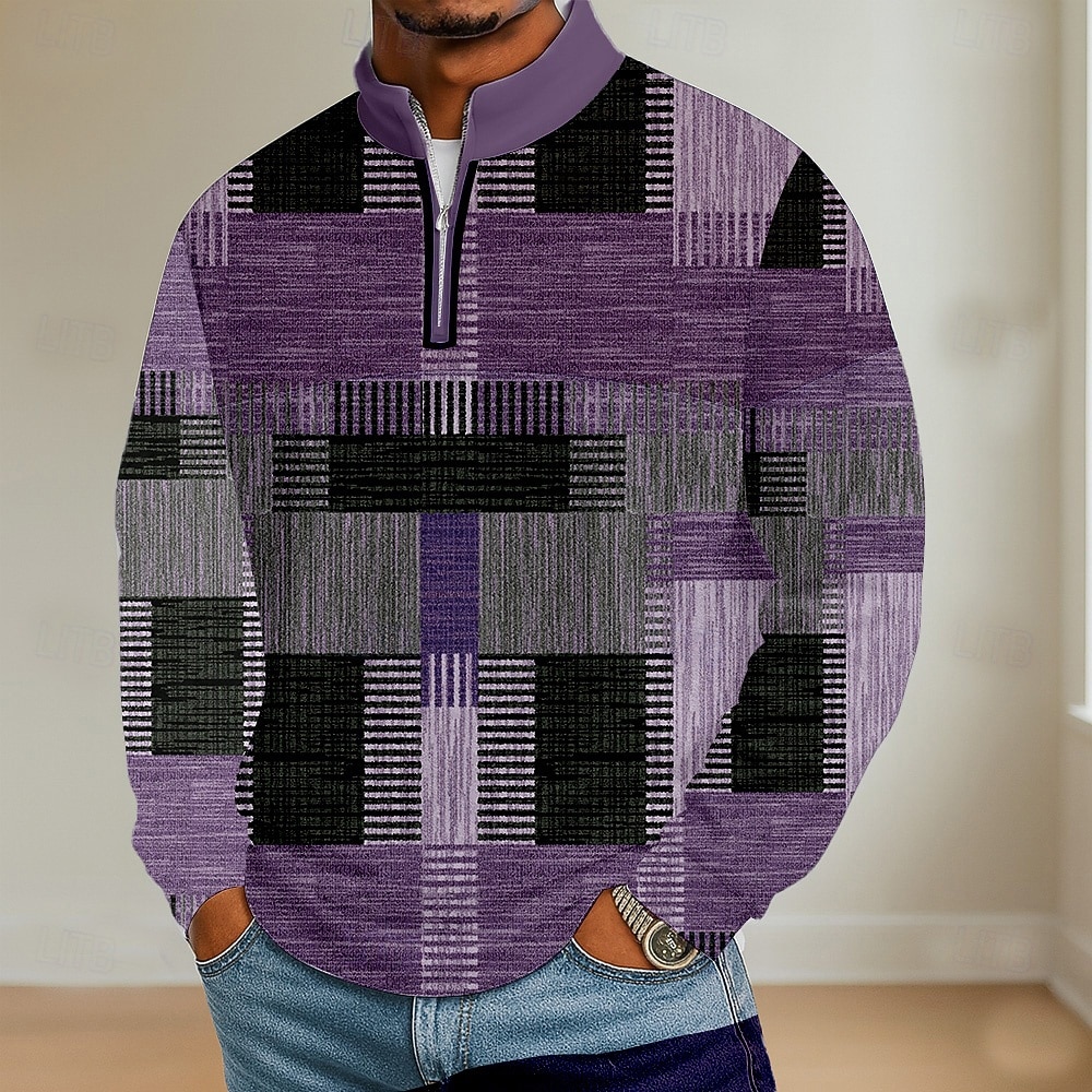 Per uomo Blocco di colori Geometrico Polo Manica Lunga Colletto Mao Athleisure Vacanza Athleisure Casual Quotidiano Stampa 3D Primavera Autunno Blu Viola Marrone del 2026 a $22.99 –P3