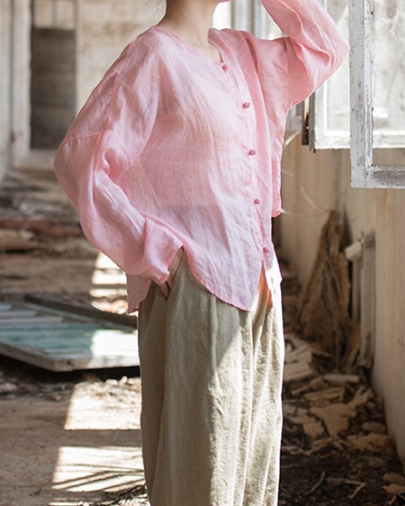 Camisa feminina 100% linho, blusa com botões, lisa, estilo vintage, manga longa, gola redonda, tops regulares para uso diário, férias, sair, nas cores preto, rosa, vermelho e verde, para verão e primavera. de 2026 por $45.99 –P2