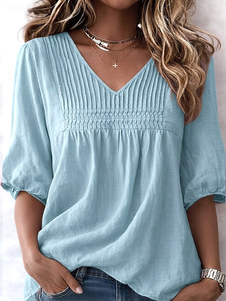 Mulheres Camisa Social Camisas com toque de linho Côr Sólida Tecido Vintage à moda Decote V Tops regulares Azul Branco Rosa Roxo Claro Verão Primavera de 2026 por $25.99 –P5
