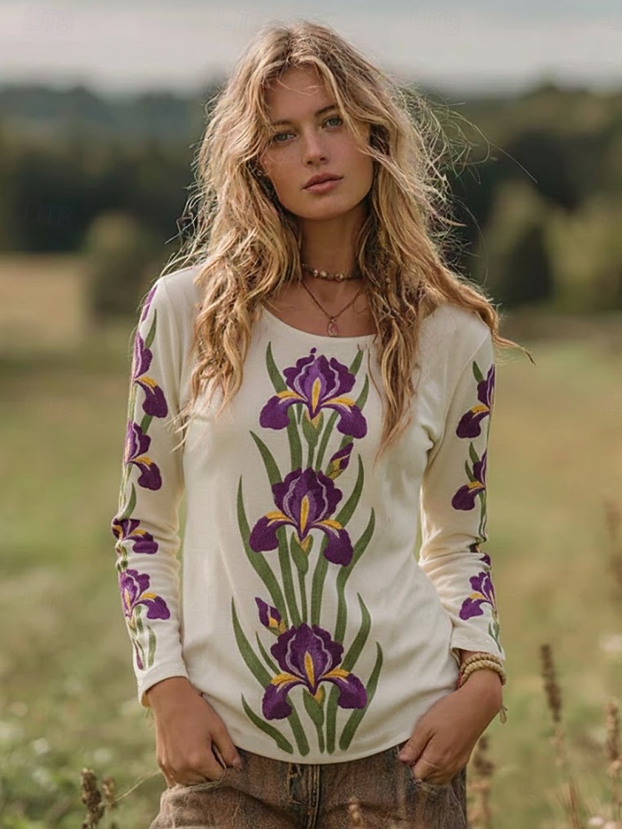 Kvinnors Boho T-shirt Grafisk Vintage Mode Stilig Lång Ärmar Crew Hals Regelbundna T-shirts Daglig Helg Tryck Rosa Lila Ljusblå Sommar Vår 2026 - $24.99 –P3