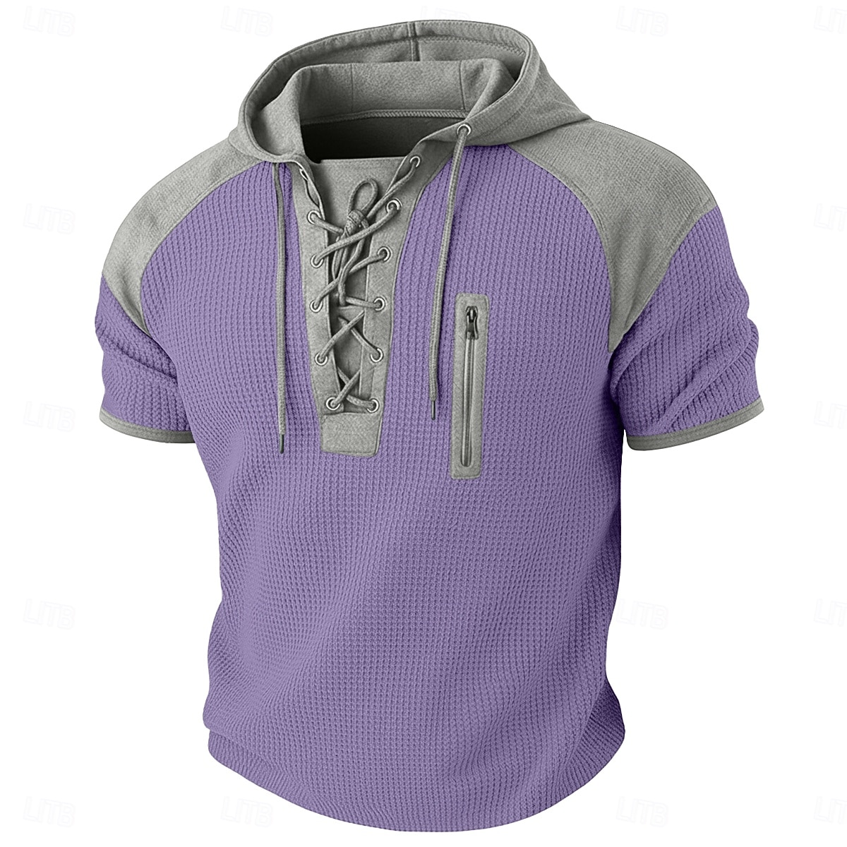 Herre Vaffel Henley-skjorte T-skjorte Kortermet Med hette Snøring i halsen Sommer Vår Alle årstider Helfarge Mote Designer Fritid Fargeblokk Avslappet Daglig utendørs Lyseblå Svart Vin Topp T-skjorte 2026 - $22.99 –P7