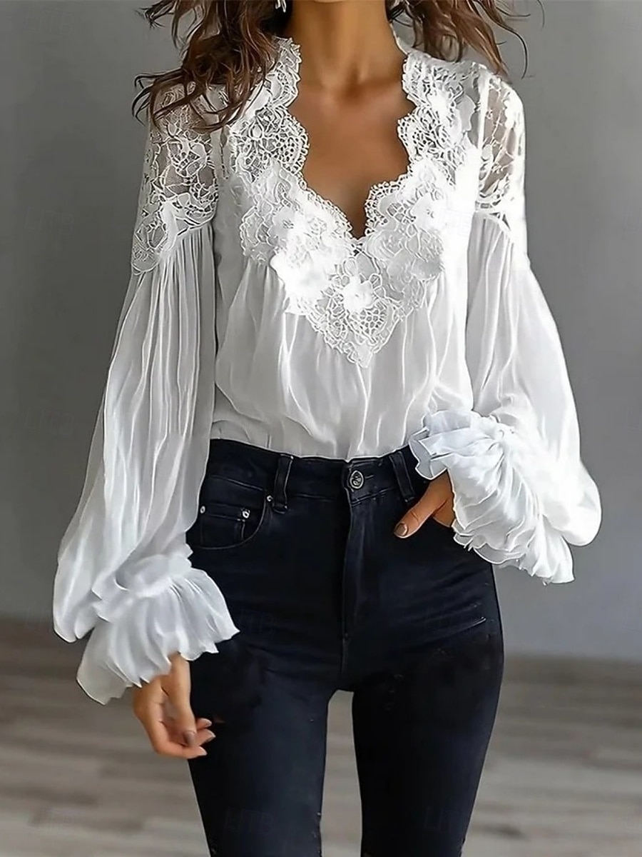 Dames Kanten overhemd Blouse Kant Lapwerk Effen Kleur Elegant Stijlvol Basic Lange mouw V-hals Normale tops Dagelijks Uitgaan Zwart Wit Zomer Lente Herfst 2026 - $36.99 –P2