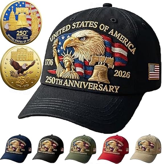 Klobouk k 250. výročí Spojených států s 2 kusy pamětních mincí digitálně potisknutý klobouk Hlava orla a svoboda 250. výročí americké oslavy 4. července vlastenecký dárek semikvincenální 2026 - $31.99 –P10