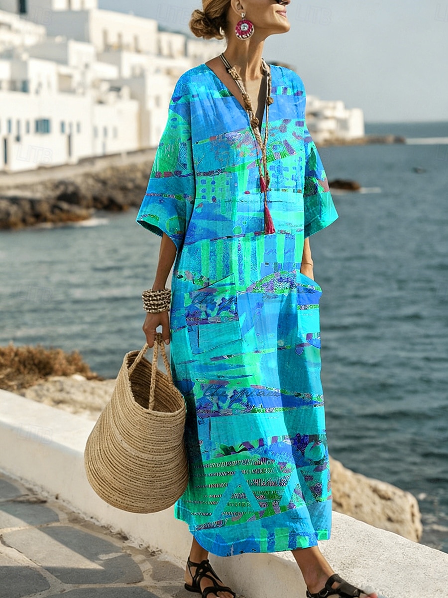 Γυναικείο Maxi Φόρεμα Λινό Σαφντ Dress Καθημερινό Χαλαρή Τακτοποίηση Γραφικό Αφηρημένο Μακρύ Μανίκι V Neck Μπλε Βασιλικό Μπλε Μωβ Πορτοκαλί Καλοκαίρι Άνοιξη 2026 - $44.99 –P2