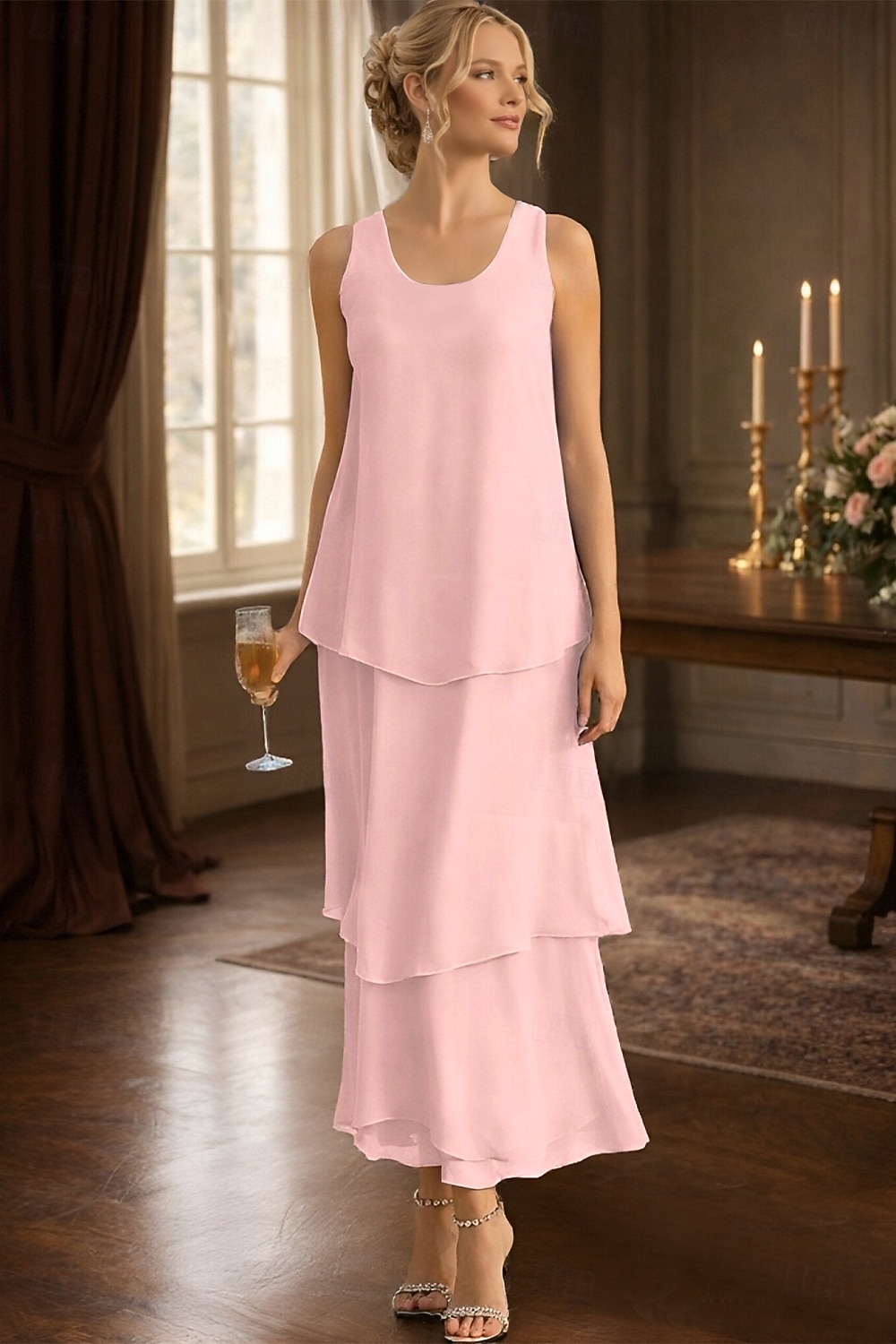 Tubinho Até o Tornozelo Vestido de convidada de casamento Vestido formal Tiered Dress Vestido Para Mãe dos Noivos Sem Manga Decote V Elegante Simples Convidado do casamento Semi formal Chiffon com de 2026 por €105.99 –P4