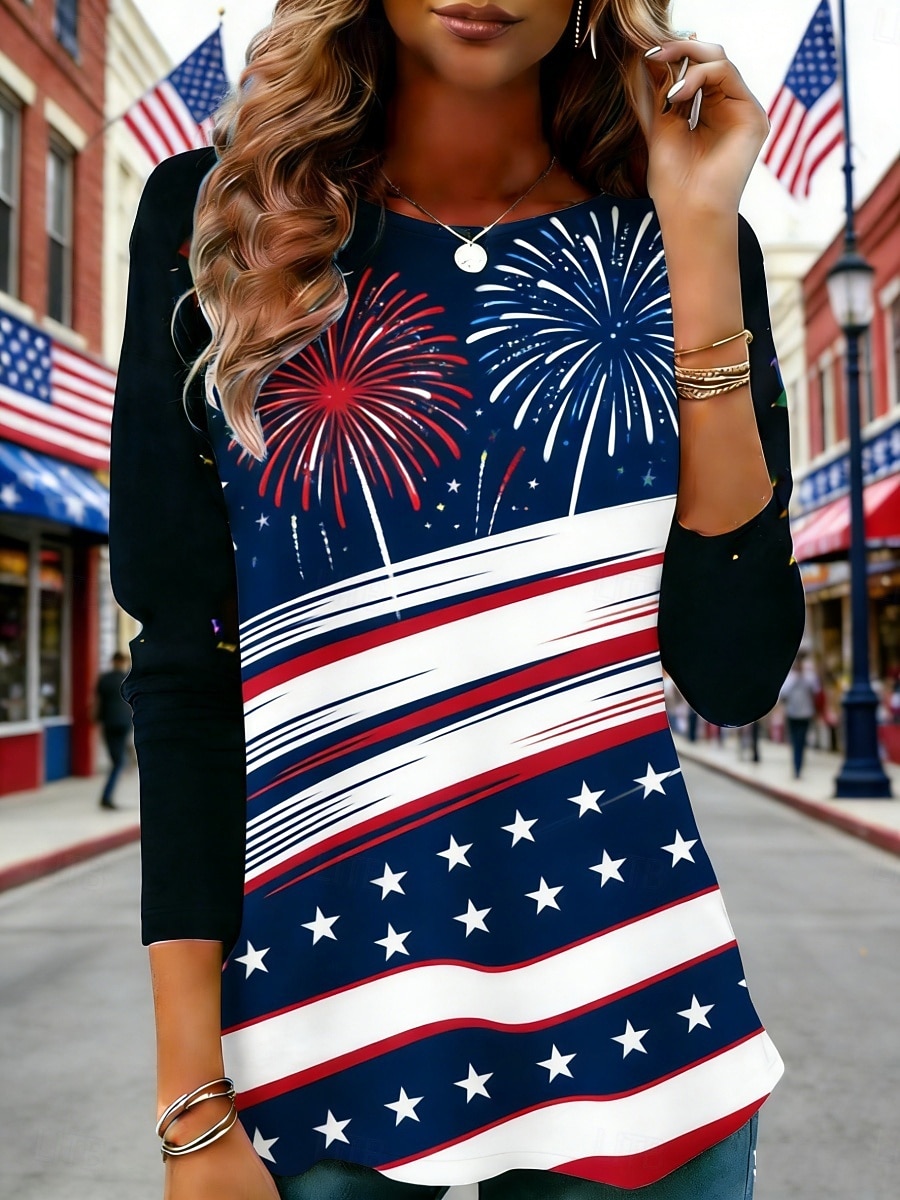 Ημέρα Αμερικανικής Ανεξαρτησίας Γυναικεία Μπλουζάκι Μπλουζάκι μπλουζάκι Στάμπα Γραφική Αμερικάνικη σημαία Μοντέρνα Στυλάτο Κλασσικό Μακρυμάνικο Στρογγυλή Ψηλή Λαιμόκοψη Κανονικά μπλουζάκια 2026 - $19.99 –P1