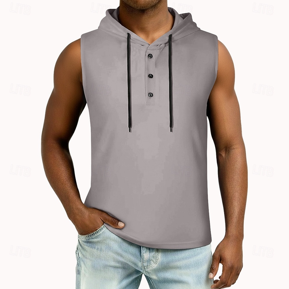 2026年 男性 ベストトップ ヘンリーパーカー ティートップ ノースリーブ フード付き 夏 純色 平織り ファッション デザイナー ベーシック ボタン フード付き カジュアル バケーション ストリート ブルー ブラック ホワイト メンズトップTシャツ  コレクション – $16.49 –P6