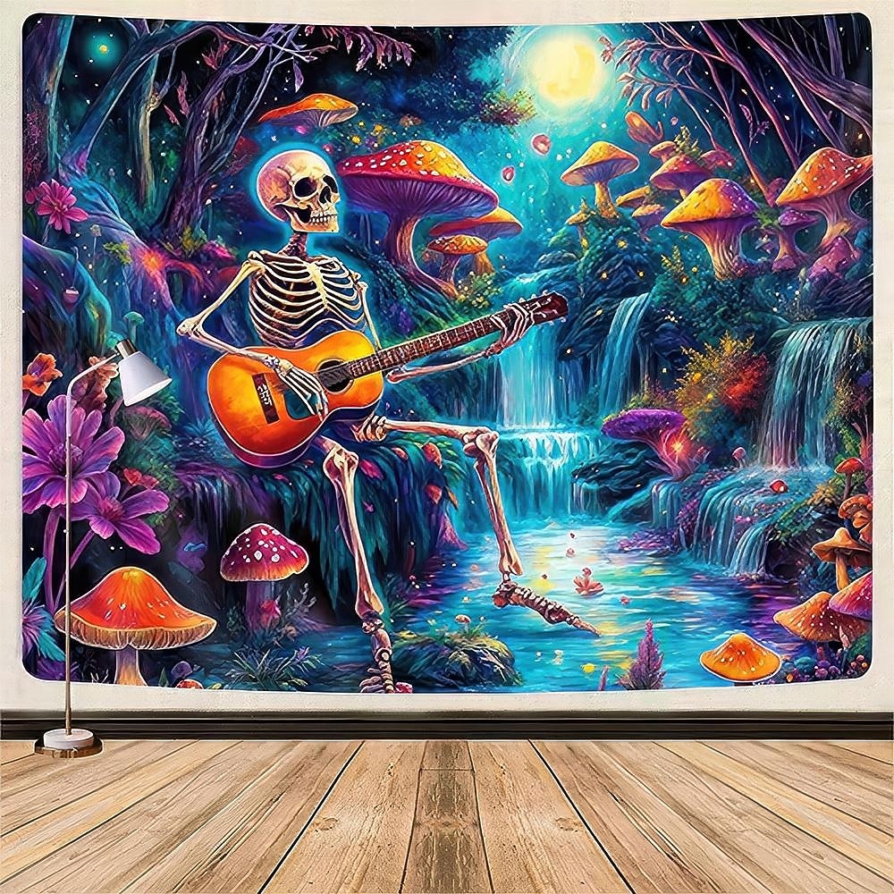 Tapeçaria estética de esqueleto guitarrista, arte de parede psicodélica com cogumelos brilhantes e floresta, cenário de luar e cachoeira para estúdio de música. de 2026 por $20.99 –P1