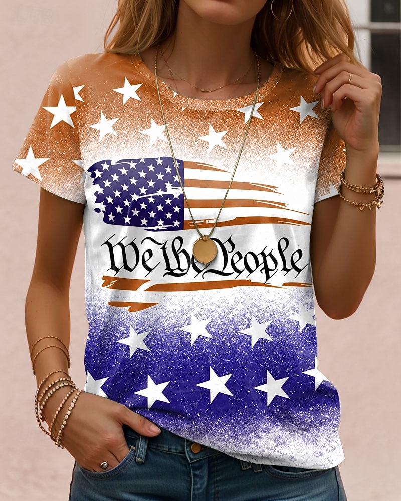 Onafhankelijkheidsdag Patriottische Dames T-shirt Grafische Vlag Letter Vintage Mode Stijlvol Korte Mouw Crew Neck Reguliere Tops Dagelijks Weekend Print Rood Paars Groen Khaki Zomer Lente Herfst 2026 - $22.99 –P4