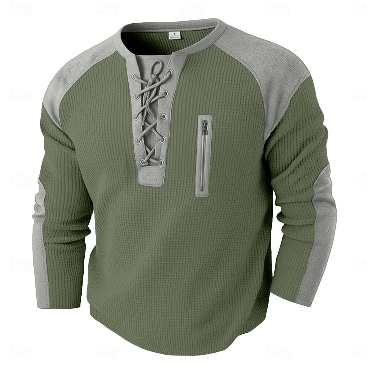 Hombre Camiseta con diseño de gofre Camiseta Manga Larga Escote Redondo cuello con cordones Otoño invierno Otoño Color sólido Bloque de color Tradicional / Retro Casual Correa Hogar Exterior Deporte 2026 - $24.99 –P8